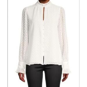 Walter Baker Shirt Womens Medium White Sheer Chevron Ruffle Sleeve Blouse